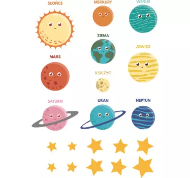 Naklejka na ścianę kosmos kolorowe planety z podpisami - TenStickers