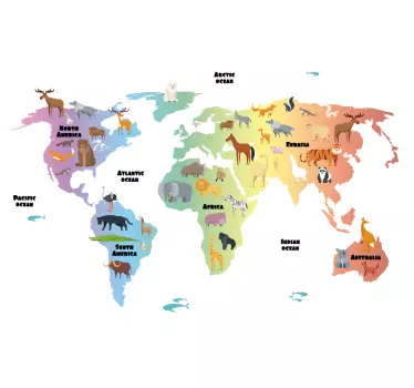 Naklejka ścienna Mapa świata ze zwierzętami - TenStickers