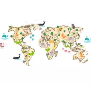 Naklejka na ścianę mapa świata Styl vintage ze zwierzętami - TenStickers