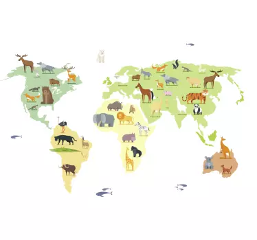 Naklejka na ścianę mapa świata Kolorowe zwierzęta z kontynentów - TenStickers