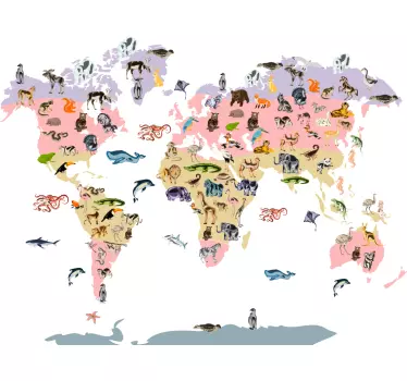 Mapa świata na ścianę ze zwierzątkami - TenStickers