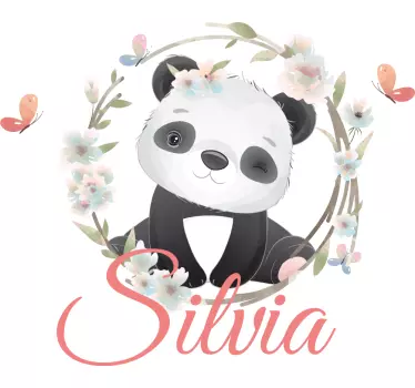 Naklejka na ścianę dla dzieci panda z kwiatami i imieniem - TenStickers