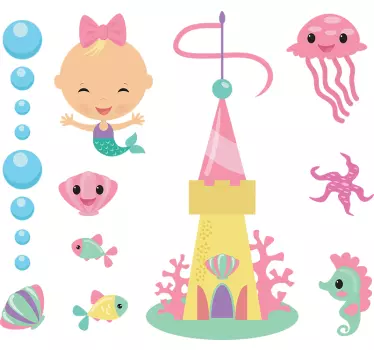 Naklejka na ścianę pokoju dziecięcego z syrenką i morską fauną - TenStickers