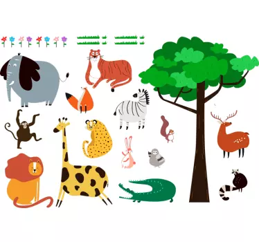 Naklejka z rysunkiem Zwierzęta świata i drzewo - TenStickers