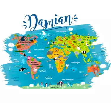 Naklejka mapa świat zwierzęta oceany imię - TenStickers