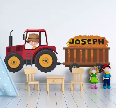 Naklejka na ścianę dla dzieci czerwony traktor z imieniem - TenStickers