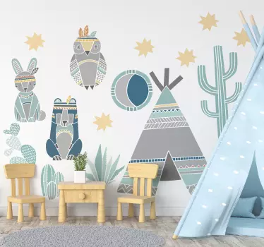 Naklejka na ścianę dla dzieci z zwierzątka indianie i tipi - TenStickers