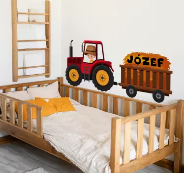 Naklejka na ścianę dla dzieci czerwony traktor z imieniem - TenStickers