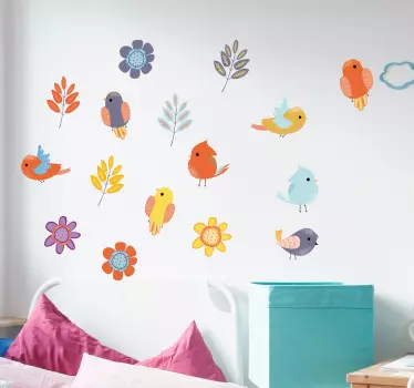 Naklejka na ścianę dla dzieci Ilustracja ptaki i kwiaty - TenStickers