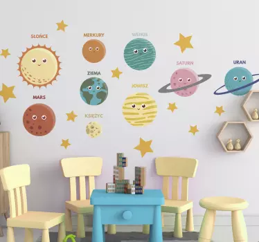 Naklejka na ścianę kosmos kolorowe planety z podpisami - TenStickers