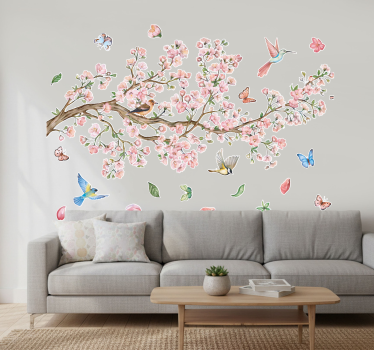 Naklejka na ścianę kwiat wi cherry z ptakami - TenStickers