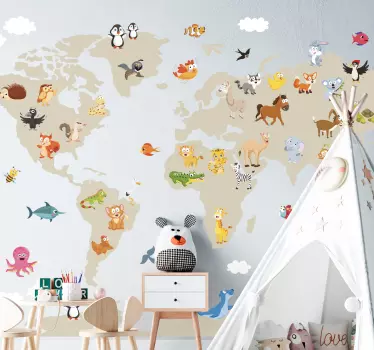 Naklejki na ścianę dla dzieci mapa kontynenty ze zwierzętami - TenStickers