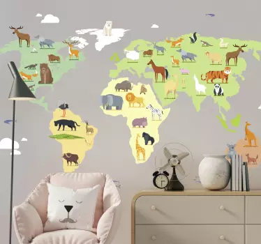 Naklejka na ścianę mapa świata Kolorowe zwierzęta z kontynentów - TenStickers