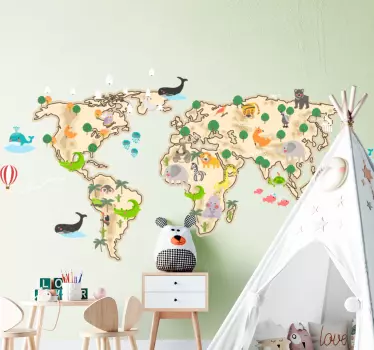 Naklejka na ścianę mapa świata Styl vintage ze zwierzętami - TenStickers
