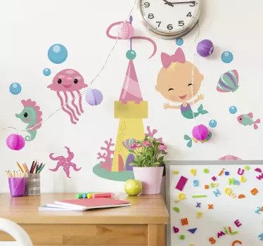 Naklejka na ścianę pokoju dziecięcego z syrenką i morską fauną - TenStickers