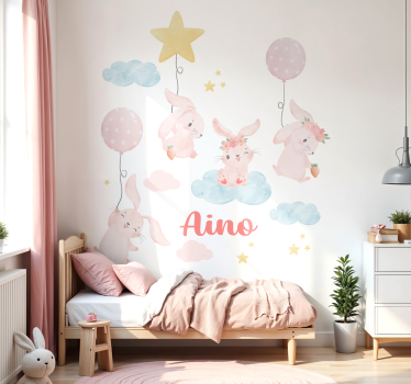 Naklejka na ścianę dla dzieci różowe balony z króliczkami - TenStickers
