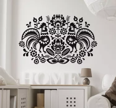 Naklejki na ścianę do salonu wycinanka Łowicka koguty - TenStickers