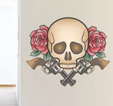 Naklejka pistolet, czaszka i róże - TenStickers