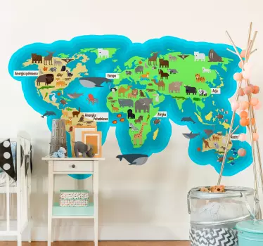Naklejka mapa świat oceany kontynenty zwierzęta - TenStickers