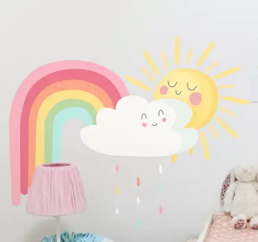 Naklejka ścienna kreskówki Szczęśliwe słońce i chmury z tęczą - TenStickers