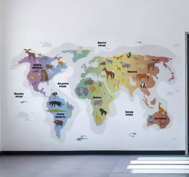 Naklejka ścienna Mapa świata ze zwierzętami - TenStickers