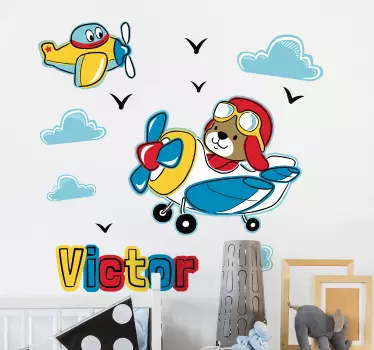 Naklejka z rysunkiem Samolot z misiem i imieniem - TenStickers