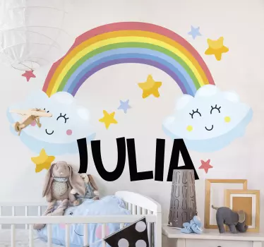 Naklejka na ścianę dla dzieci imię w tęczy z chmurami - TenStickers