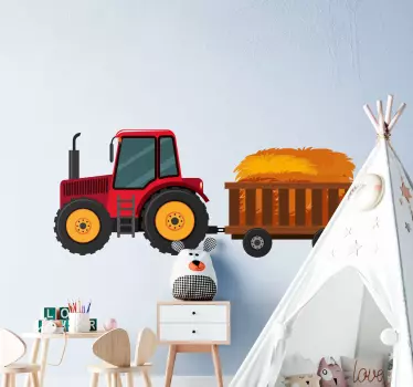 Naklejka na ścianę dla dzieci Traktor z sianem w wózku - TenStickers