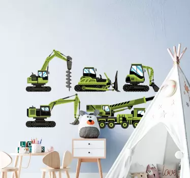 Naklejka ścienna zabawki Zielony traktor i buldożery - TenStickers