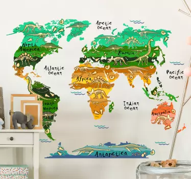 Naklejka na ścianę dla dzieci mapa świata dinozaury - TenStickers