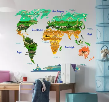 Naklejka na ścianę mapa świata z dinozaurami - TenStickers