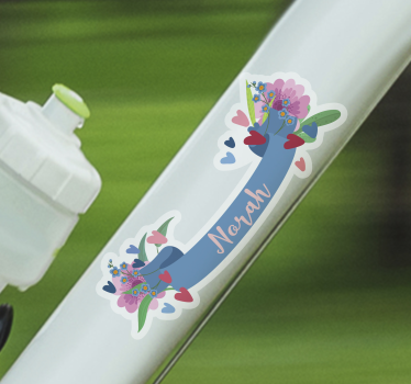 Naklejka  na rower własna nazwa z kwiatami i sercami - TenStickers