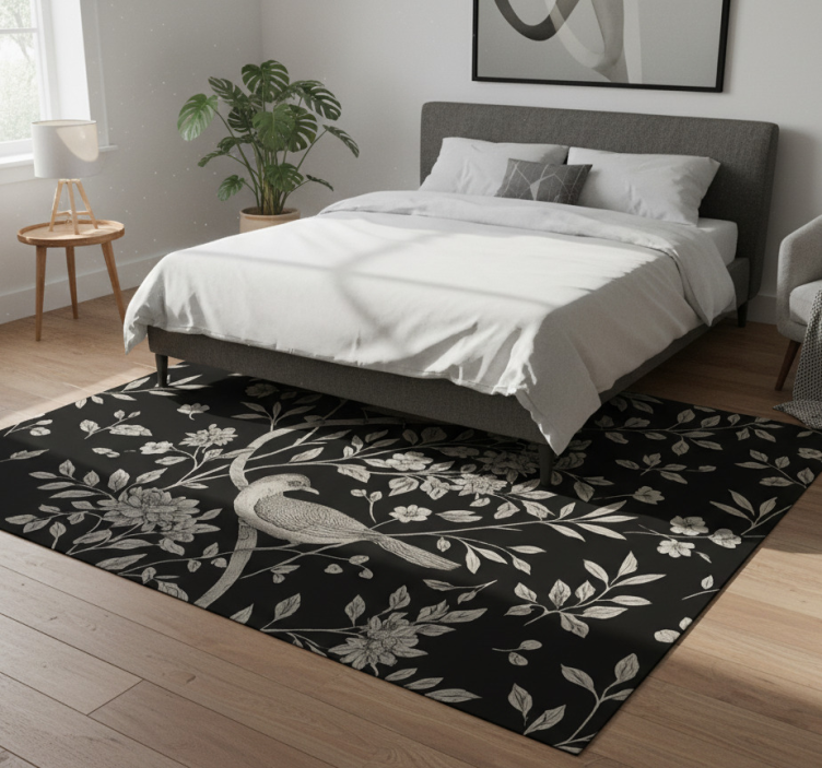 Dywan winylowy do salonu szary drzewo z kwiatami i ptakami - TenStickers