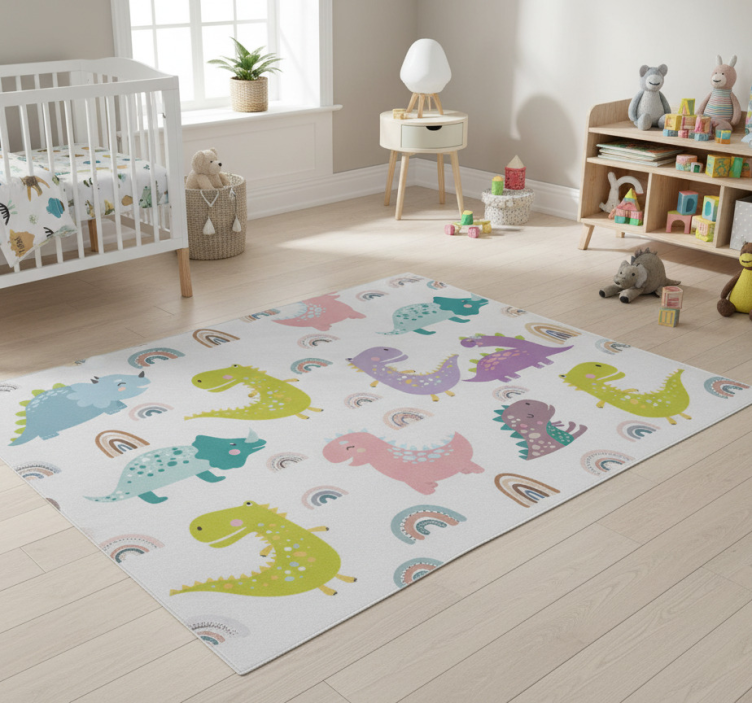 Dywan winylowy do salonu z dinozaurami i tęczami - TenStickers