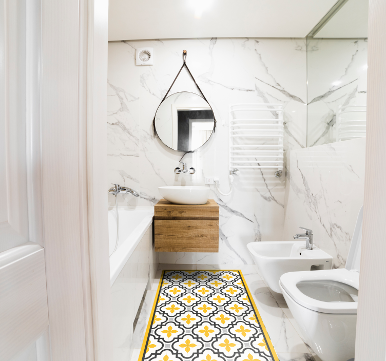 Dywan winylowy imitacja płytek żółty motyw kwiatowy - TenStickers