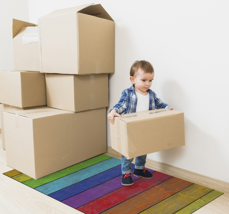 Tęczowy winylowy dywan - drewniane paski - TenStickers