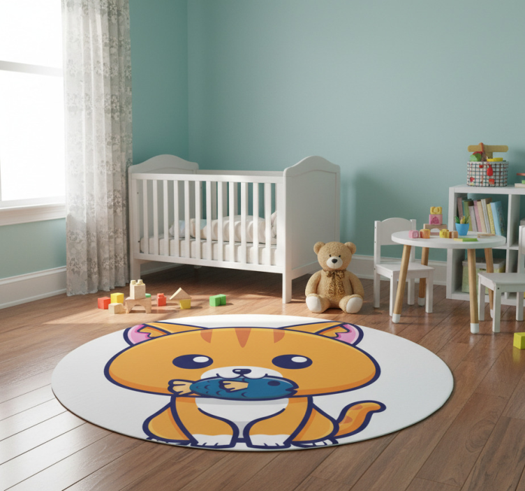 Dywan winylowy zwierzęta uroczy kot trzymający rybę - TenStickers