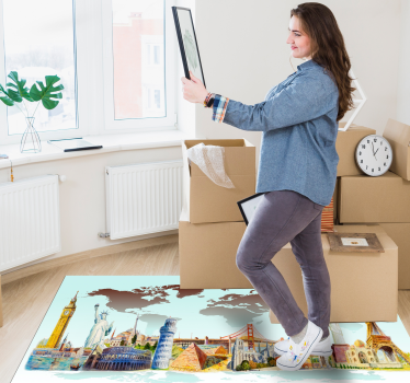 Dywan winylowy mapa świata kolaż kolorowych zabytków - TenStickers
