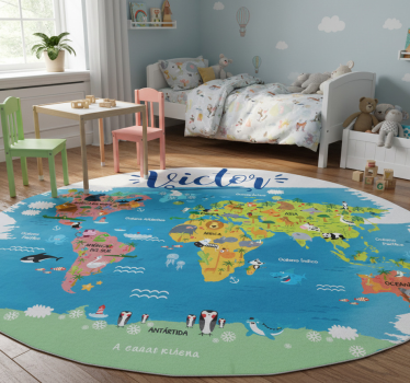 Dywan winylowy mapa świata z nazwami zwierząt po hiszpańsku - TenStickers