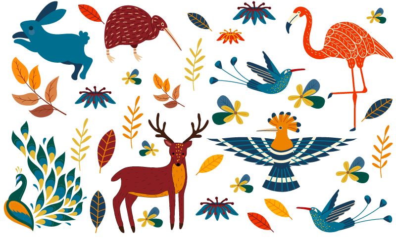 Dywan winylowy zwierzęta w stylu tengango z roślinami - TenStickers