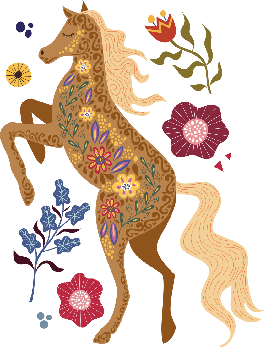 Dywan winylowy w kwiaty i rośliny z ilustracją dzikich koni - TenStickers