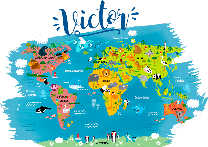 Dywan winylowy mapa świata z nazwami zwierząt po hiszpańsku - TenStickers