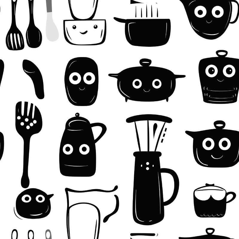 Dywan winylowy do kuchni z rysowanymi czarnymi akcesoriami - TenStickers