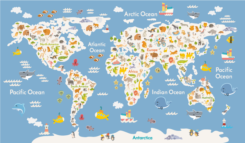 Dywan winylowy mapa świata biała fauna dla dzieci - TenStickers