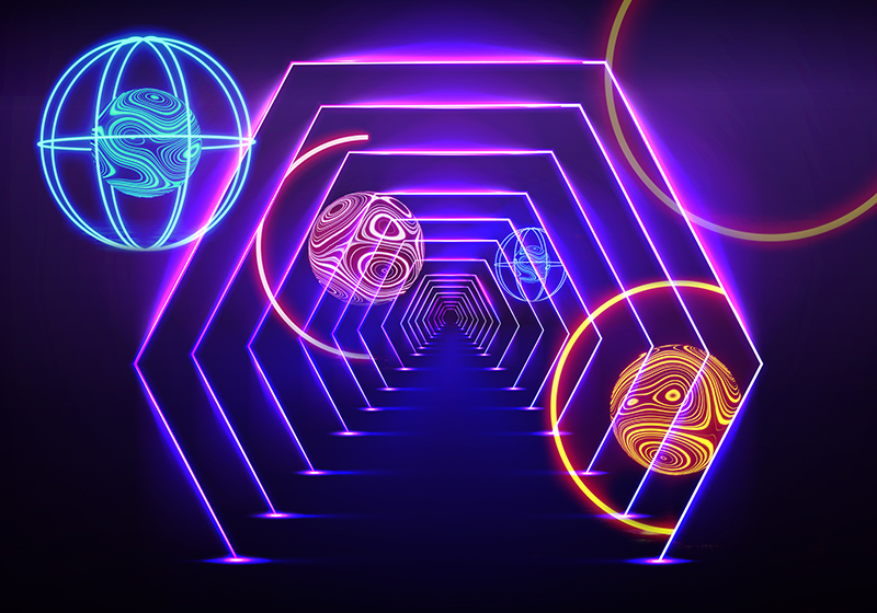 Fioletowy dywan winylowy neonowy heksagonalny tunel - TenStickers