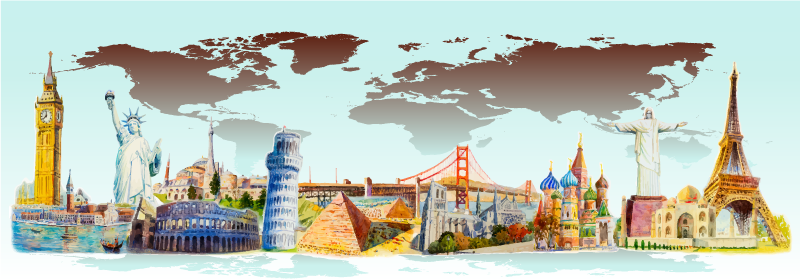 Dywan winylowy mapa świata kolaż kolorowych zabytków - TenStickers