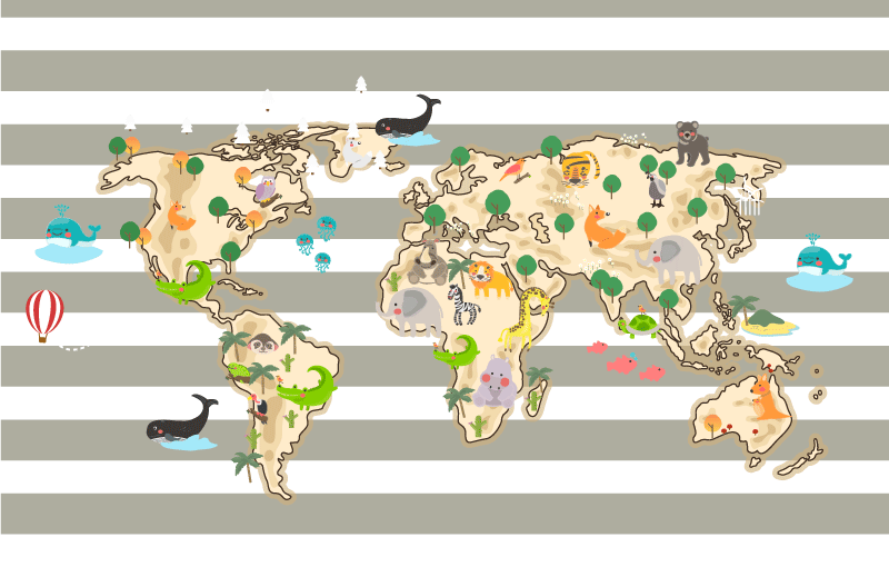 Dywan winylowy mapa świata kolorowa ilustracja zwierzęca - TenStickers