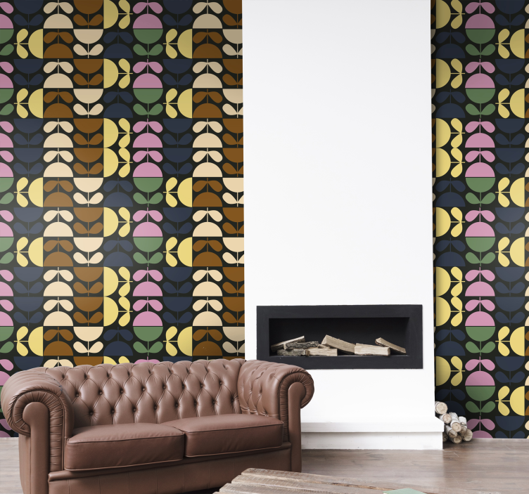 Tapeta kwiaty stylizowane wzory liści - TenStickers