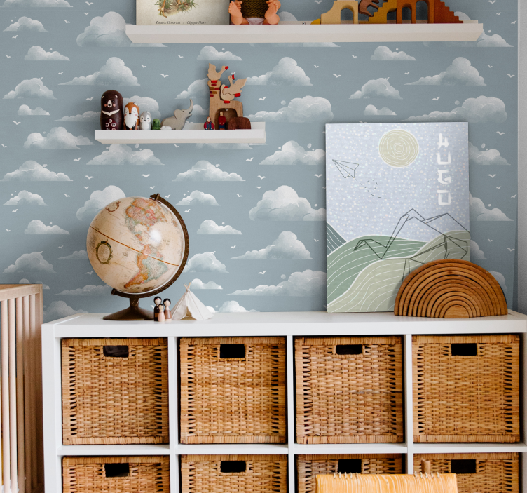 Tapeta vintage Szare chmury i ptaki z lat 80-tych - TenStickers