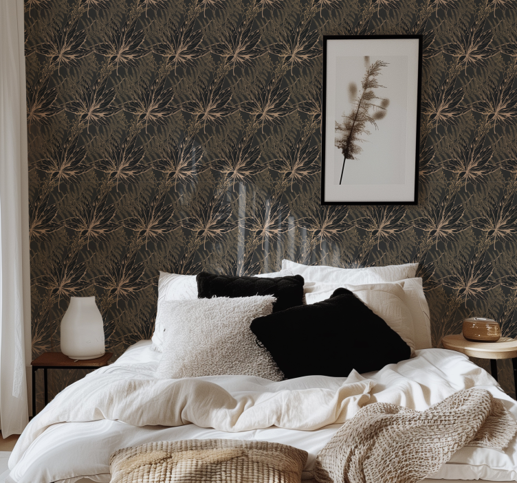 Tapeta czarna duże złote liście - TenStickers